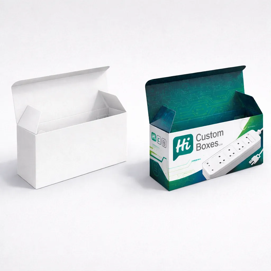 Two open-top cardboard boxes, one plain white and one branded with a green circuit pattern. class=